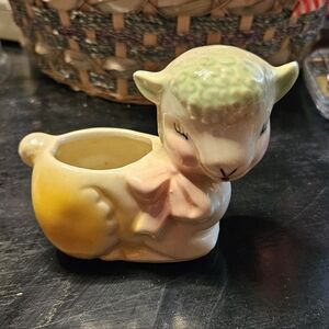 Charming And Precious Vintage Yellow and Cream Lamb Planter